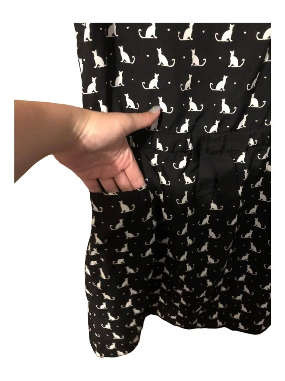 White Cat Print Black Short Sleeve Sun Dress Accent Bow Pockets Sz XL (14-6)
